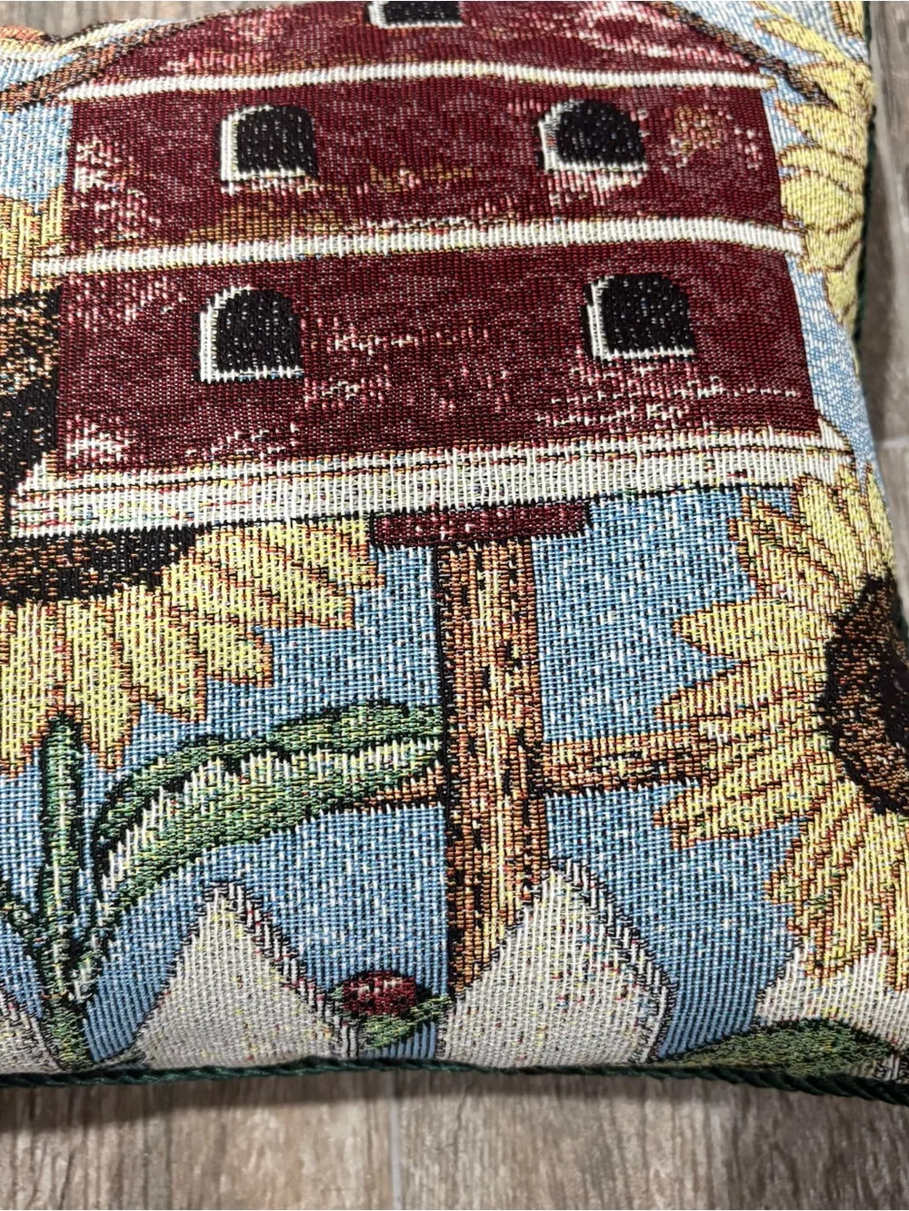 Needlepoint Tapestry Throw Pillow Sunflowers Birdhouse Country 16x10 Cottagecore